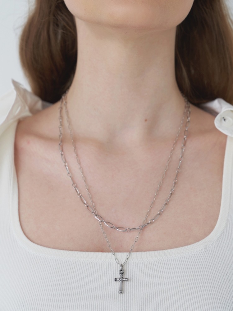 [Surgical_2 SET] Cross &amp; Oval Chain Necklace
